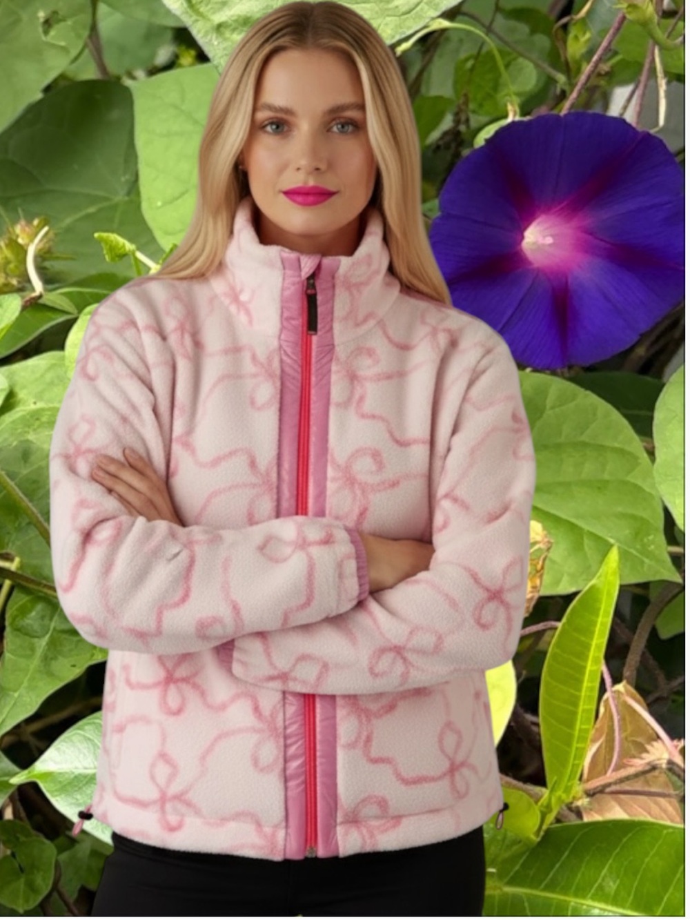 Women's Light Pink Patterned Fleece Ski Jacket